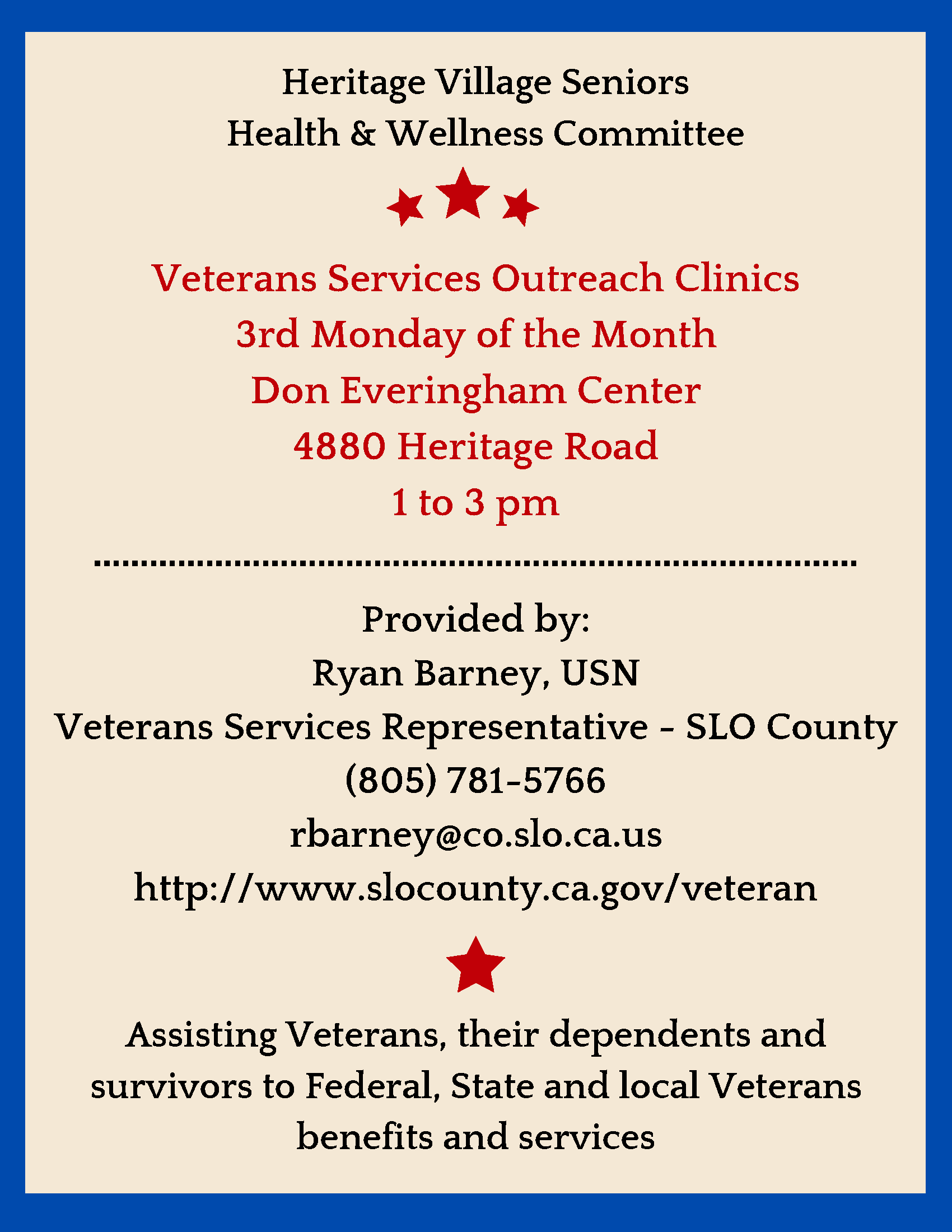 HVS Monthly Veterans Service Outreach Clinics